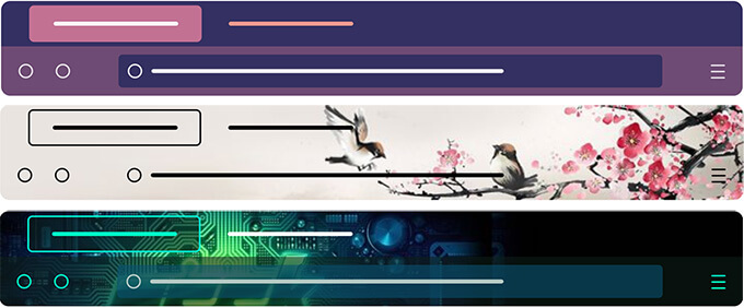 Imagen de tres temas personalizados de Firefox: un tema morado oscuro y rosa con detalles en blanco y naranja, un tema beige claro con una pintura de acuarela de pájaros y flores de cerezo, y un tema negro y verde oscuro con un patrón de circuitos de alta tecnología.