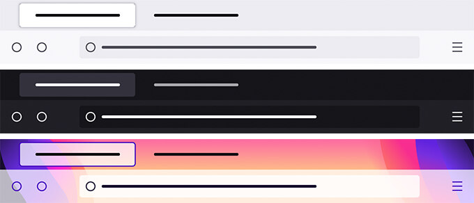 Imagen de los temas predeterminados que vienen con Firefox, que muestra variaciones clara, oscura y colorida.