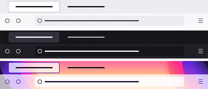 Image of the default themes that come with Firefox, showing light, dark and colourful variations.