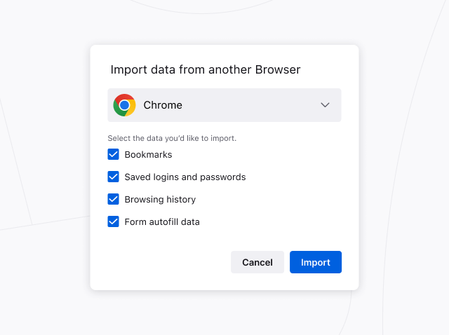 Imej kotak dialog fungsi pengimport Firefox, memaparkan opsyen mengimport tetapan dan data dari pelayar lain.