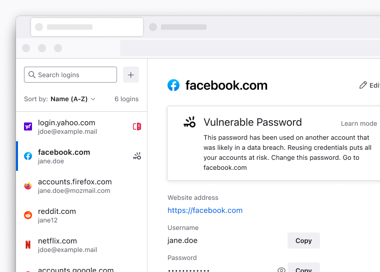Slika Firefox menadžera lozinki koja prikazuje poruku upozorenja koja glasi „Ova lozinka je korišctena na drugom računu za koji je vjerovatno došlo do curenja podataka. Ponovna upotreba akreditiva dovodi sve vaše račune u opasnost. Promijenite ovu lozinku.”