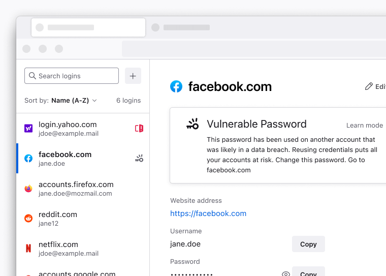 Imagine del gestor de contrasignos de Firefox monstrante un aviso que recita “Iste contrasigno ha essite usate sur un altere conto que era probabilemente in un violation de datos. Reusar credentiales pone a risco tote tu contos. Cambia iste contrasigno.”