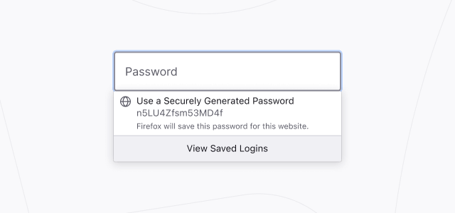 Imej borang pendaftaran dengan Firefox memaparkan cadangan kata laluan yang kuat yang akan disimpan secara automatik untuk kegunaan di masa depan.
