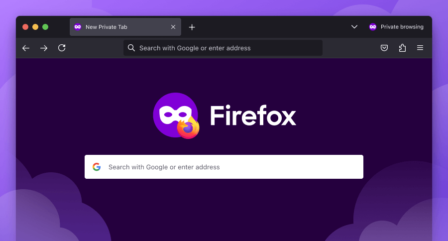 Prozor Firefox pretraživača u načinu privatnog pretraživanja.