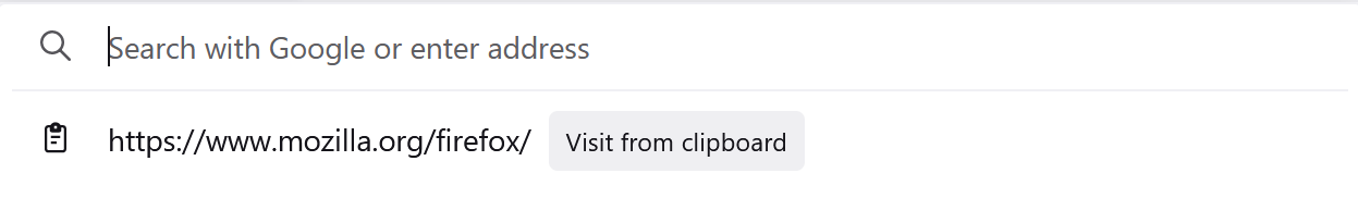 Screenshot showing the Visit from clipboard button for the URL paste suggestion feature