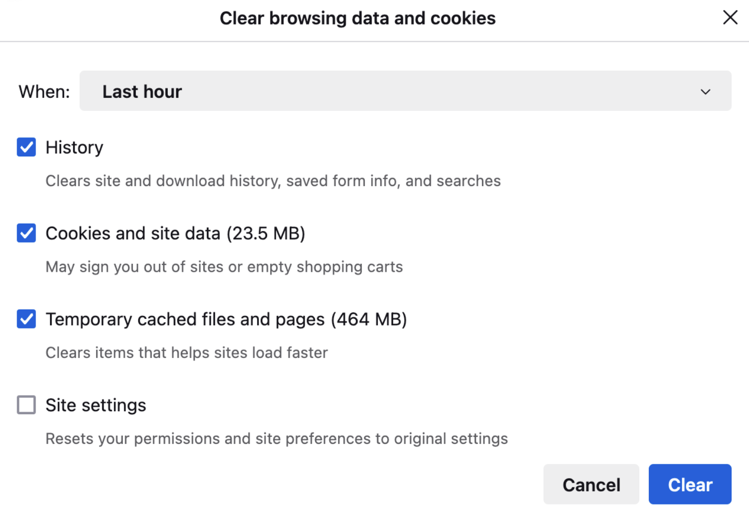 screenshot of the Clear browsing data and cookies dialog. Demonstrating the new features of clearing data within a selected time range and the size of that data