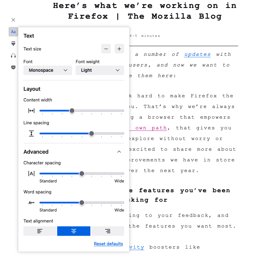 screenshot of reader view's text menu demonstrating the new spacing and layout options