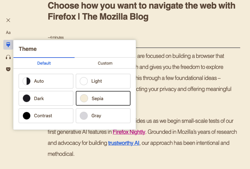 screenshot of reader view's theme menu demonstrating the new theme options