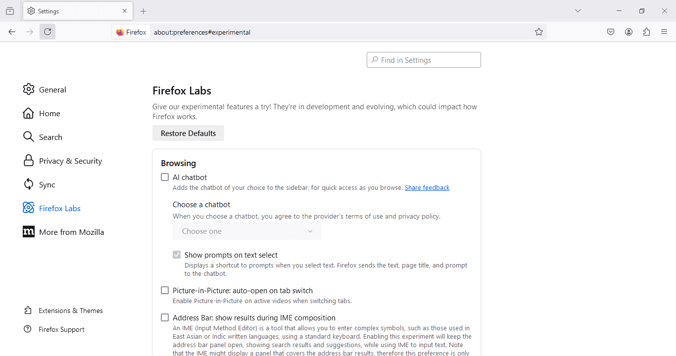 Screenshot of the new Firefox Labs section in Settings