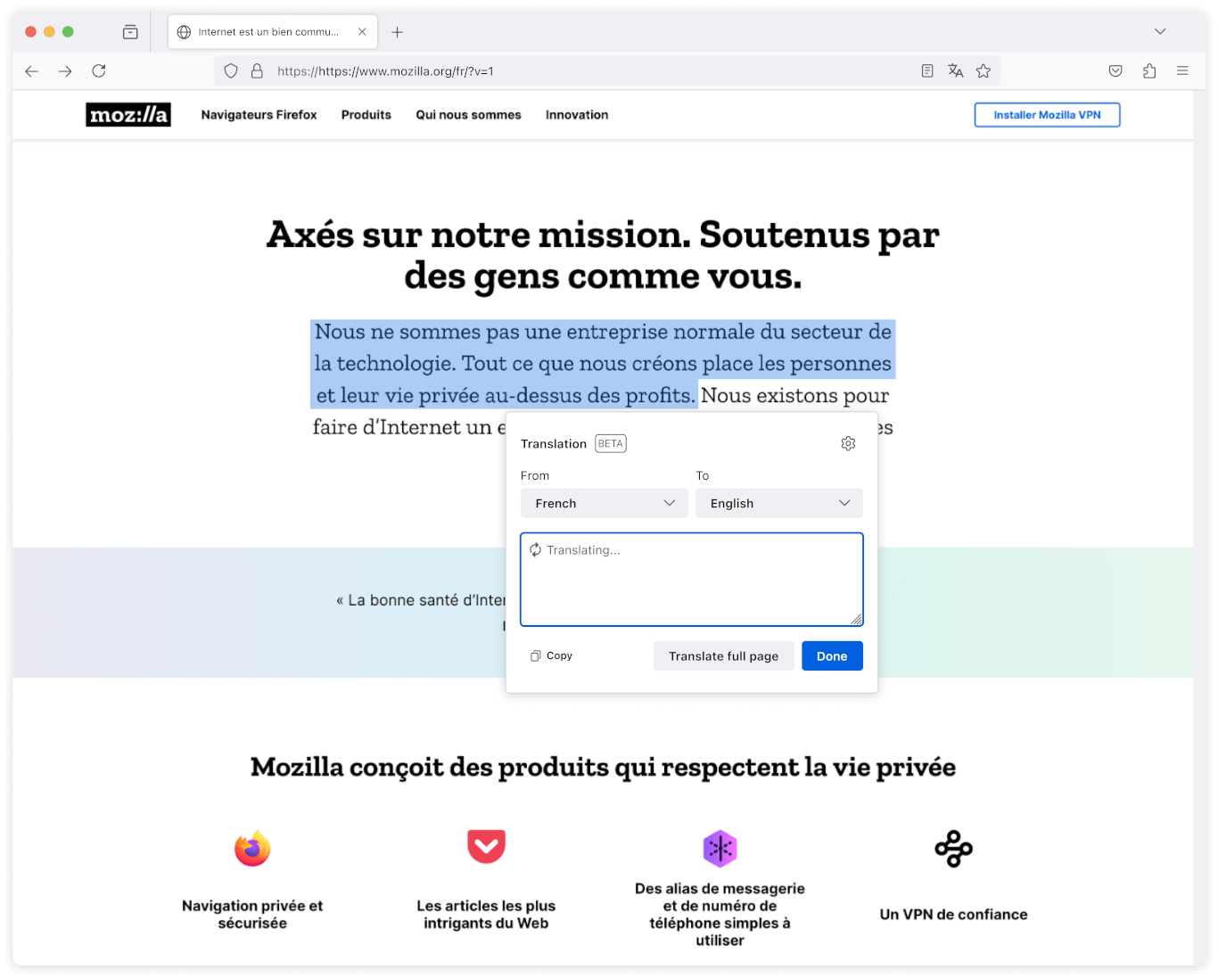 Screenshot of the modal dialog for Selected text translation