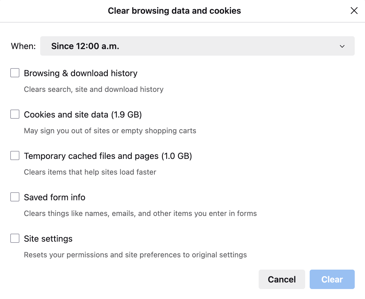 screenshot of the Clear browsing data and cookies dialog. Demonstrating the separate options for form data and browsing history