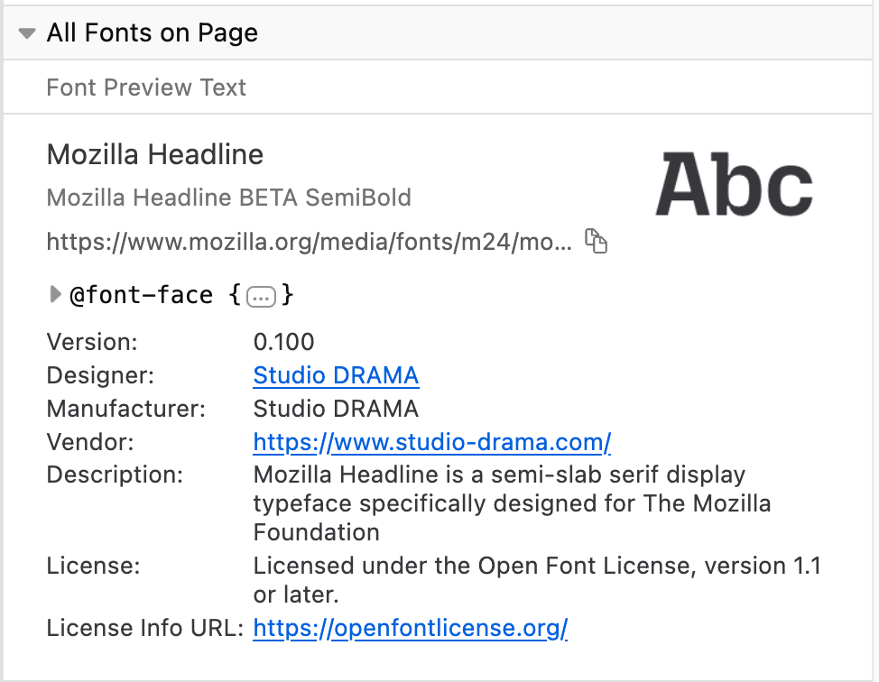 Screenshot of the fonts panel with vendor metadata displayed