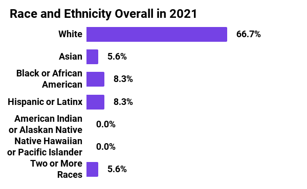Graph showing overall race and ethnicity in 2021 for Mozilla Foundation. 66.7% White, 5.6% Asian, 8.3% Black or African American, 8.3% Hispanic or Latinx, 0% American Indian or Alaskan Native, 0% Native Hawaiian or Pacific Islander, 5.6% two or more races.